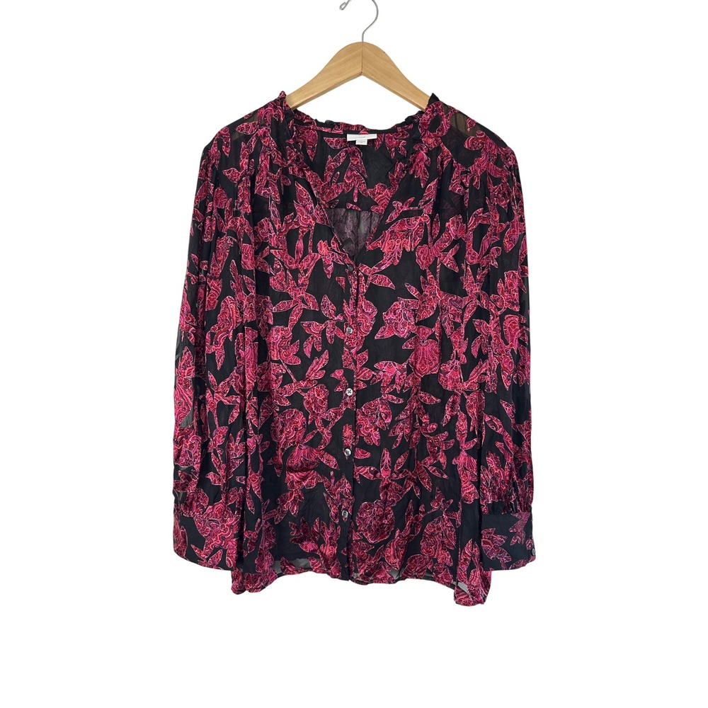 J Jill Floral Applique Burnout Sheer Blouse Womens 2X Button Up Red Black Gothic